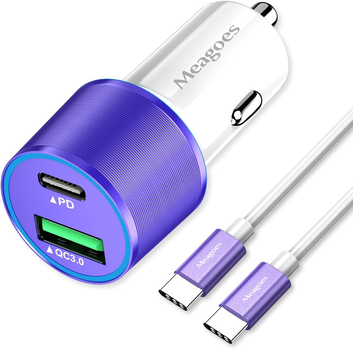 48W Superfast Car Charger USB C + QC3.0 Dual Port - Fast Charging for iPhone, iPad, Samsung & Android (12V Adapter + USB-C Cable)