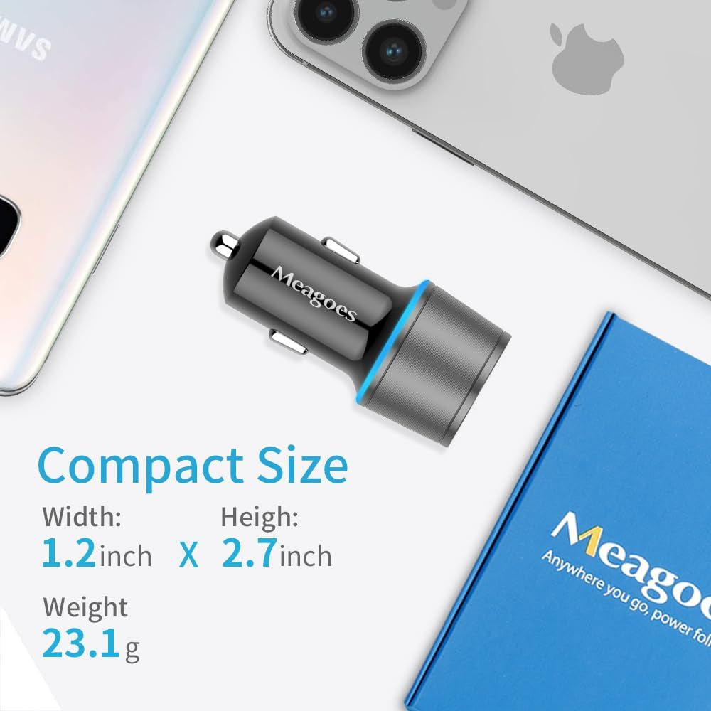 48W Superfast Car Charger USB C + QC3.0 Dual Port - Fast Charging for iPhone, iPad, Samsung & Android (12V Adapter + USB-C Cable)