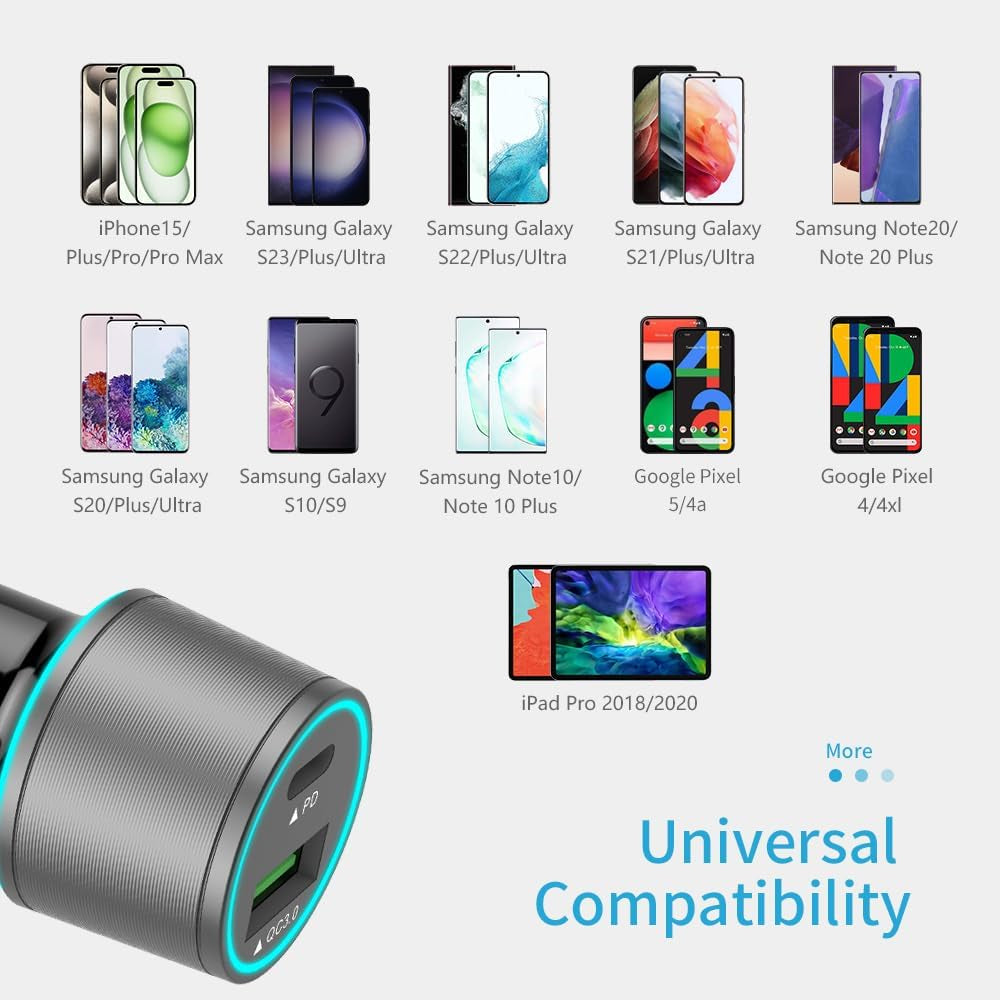 48W Superfast Car Charger USB C + QC3.0 Dual Port - Fast Charging for iPhone, iPad, Samsung & Android (12V Adapter + USB-C Cable)
