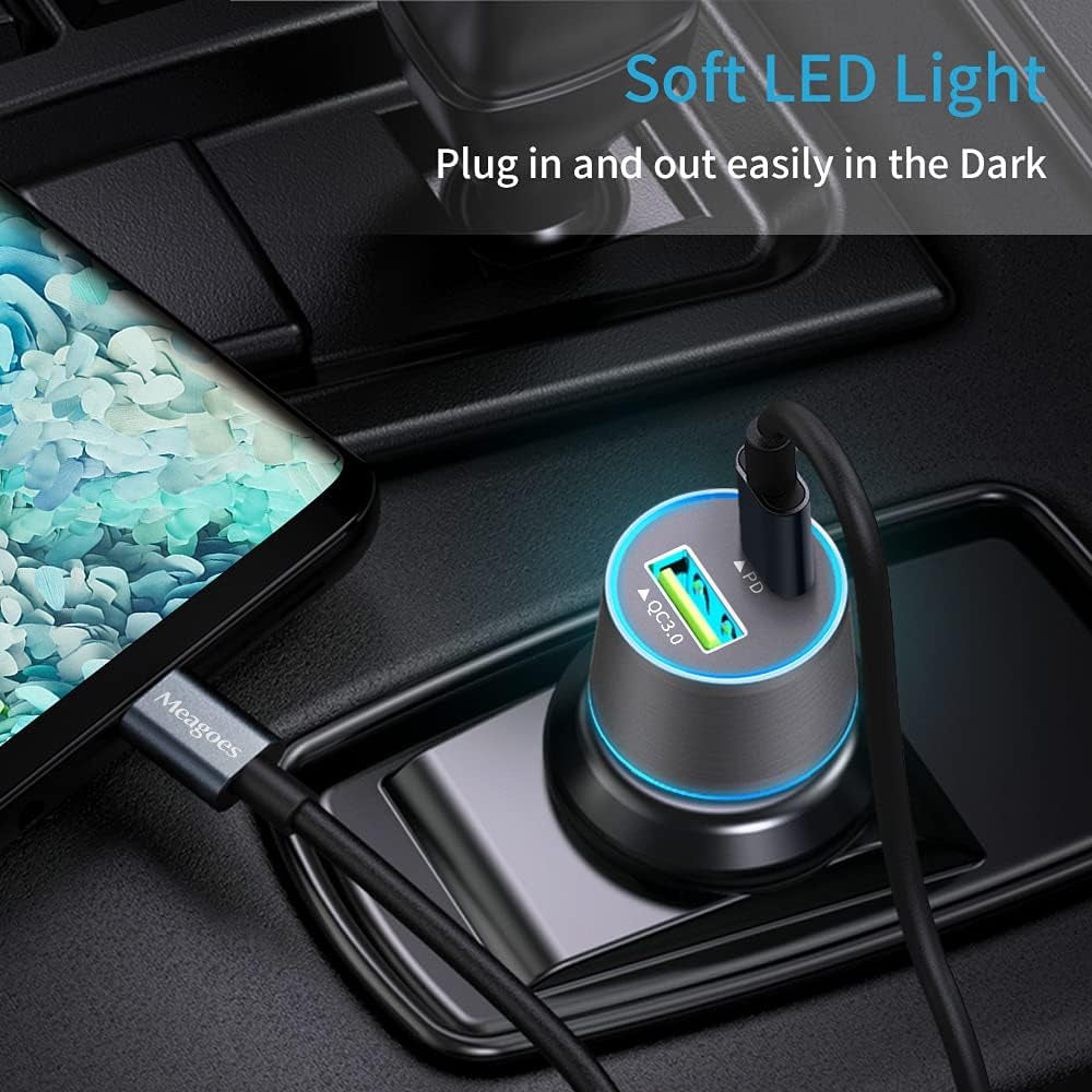 48W Superfast Car Charger USB C + QC3.0 Dual Port - Fast Charging for iPhone, iPad, Samsung & Android (12V Adapter + USB-C Cable)