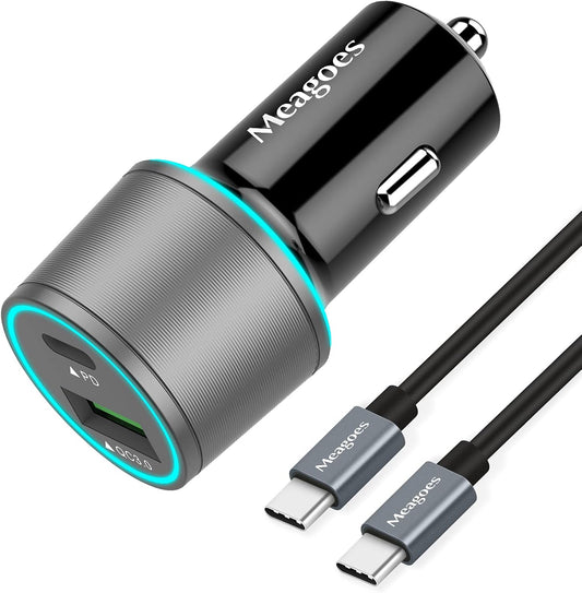 48W Superfast Car Charger USB C + QC3.0 Dual Port - Fast Charging for iPhone, iPad, Samsung & Android (12V Adapter + USB-C Cable)